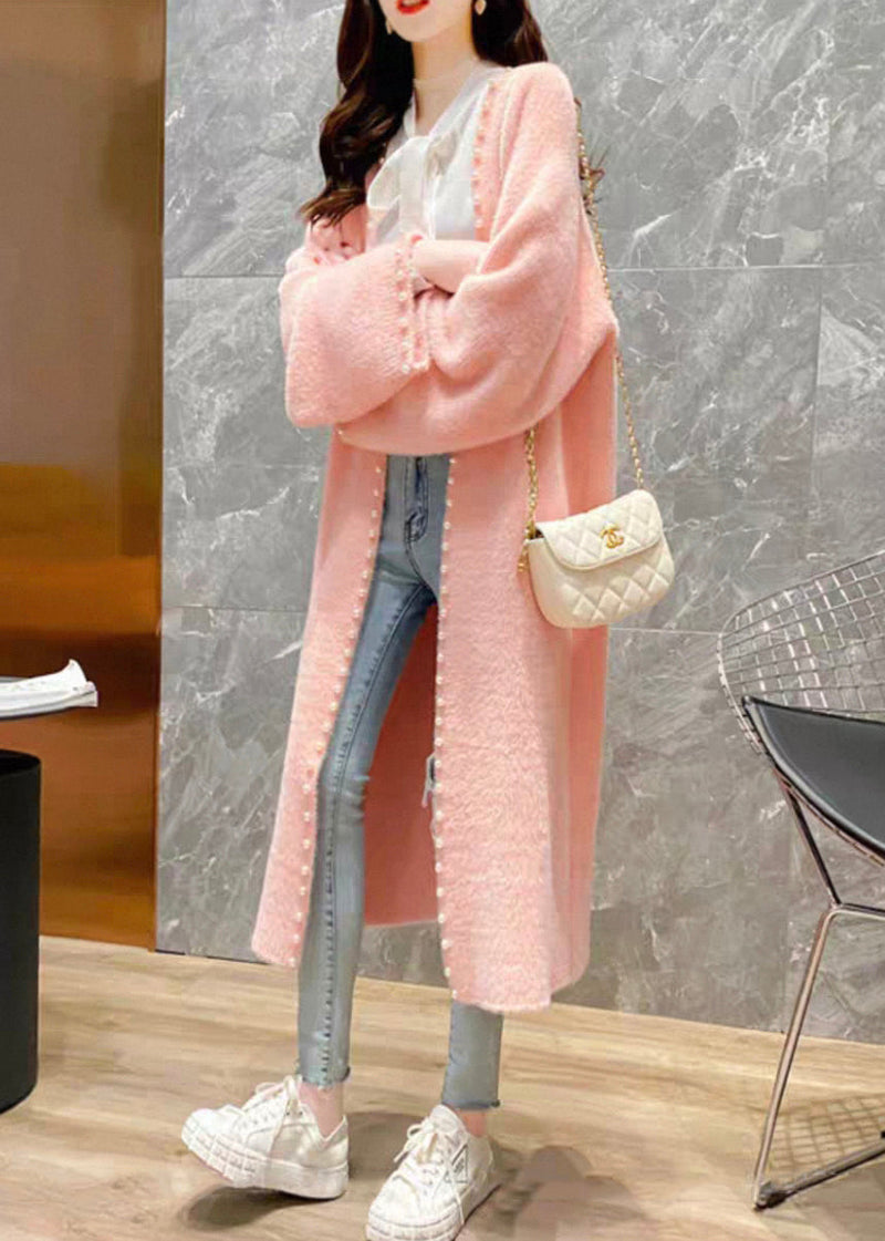 Pink V Neck Pearl Knit Cardigan Spring