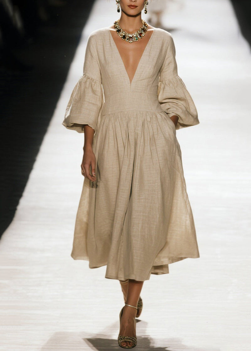 V Neck Wrinkled Patchwork Cotton Dress Fall