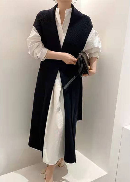 Navy Cinched Two Pieces Set Knit Vest Shirts Dress Spring