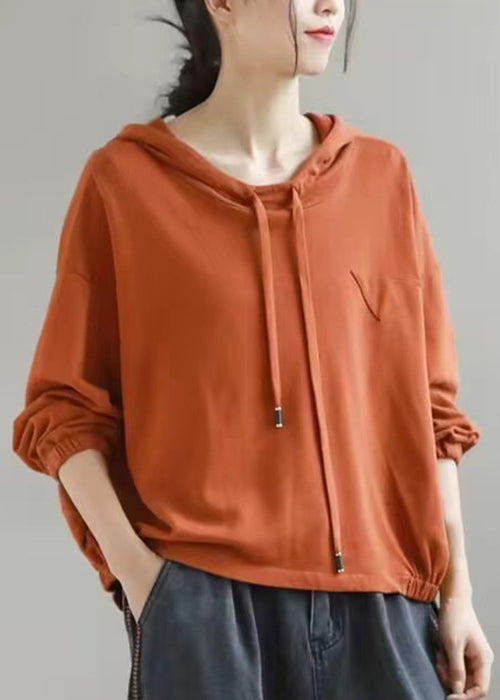 Orange Hooded Lace Up Cotton Sweatshirts Long Sleeve