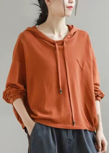 Orange Hooded Lace Up Cotton Sweatshirts Long Sleeve