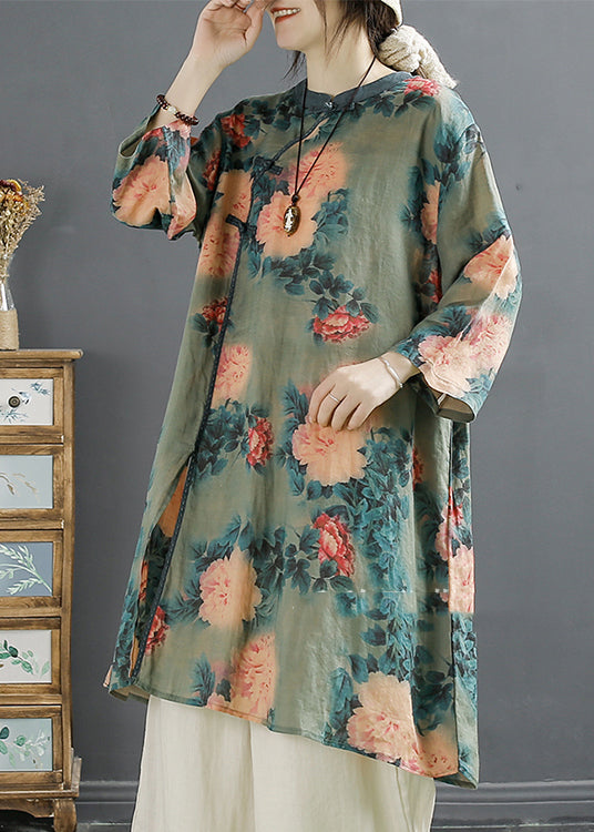 Green Print Oriental Linen Dress Bracelet Sleeve