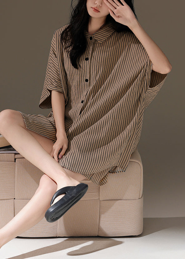 French Khaki Oversized Striped Cotton Two-piece Set Summer