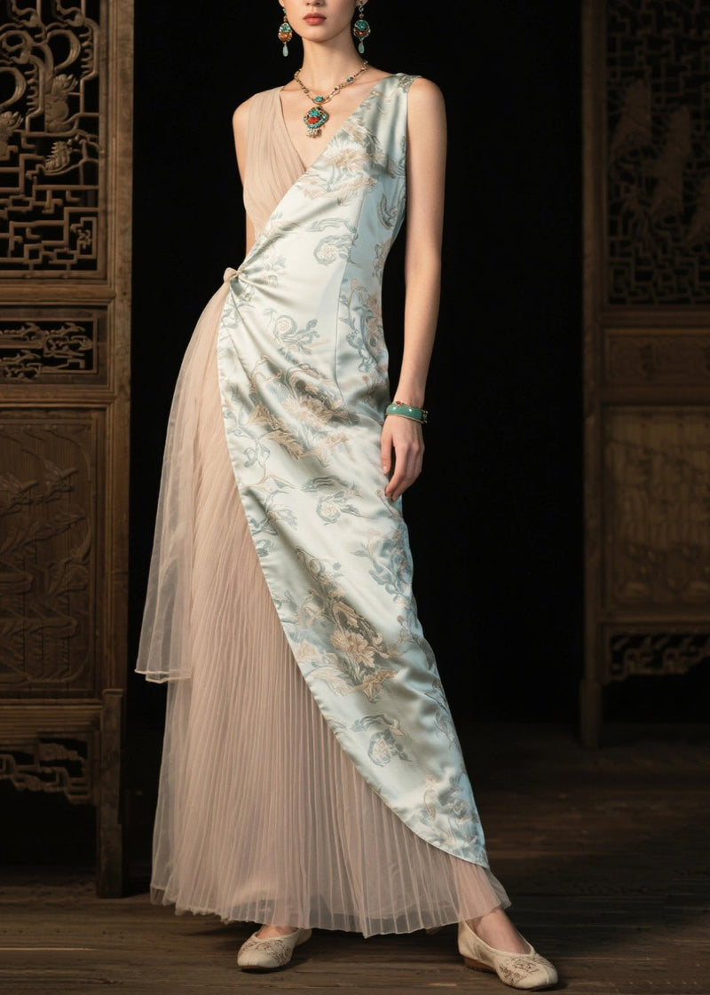 Light Green Asymmetrical Patchwork Silk Pleated Dresses Summer