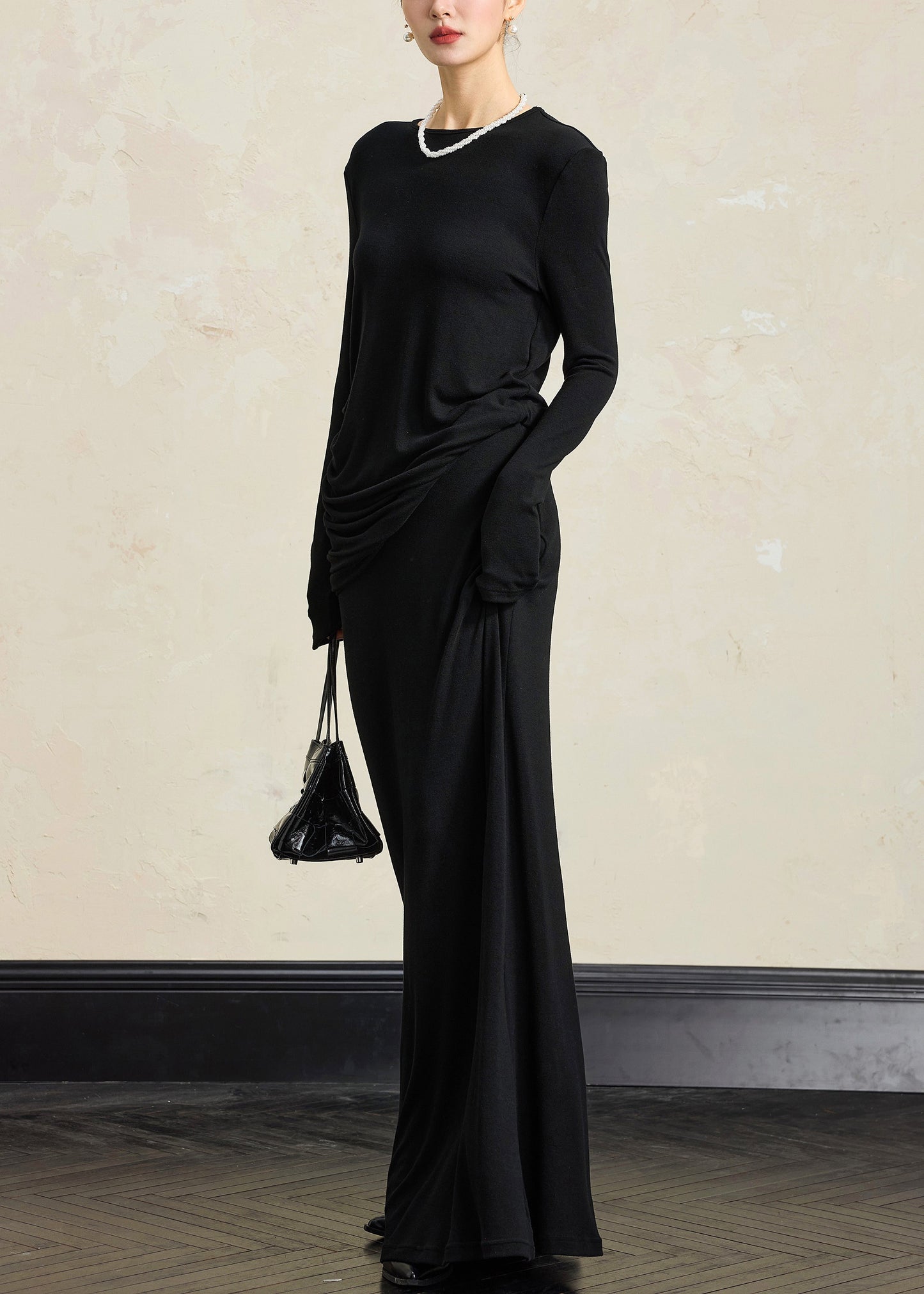 Simple Black O Neck Tops and Skirts Cotton Two Pieces Set Fall