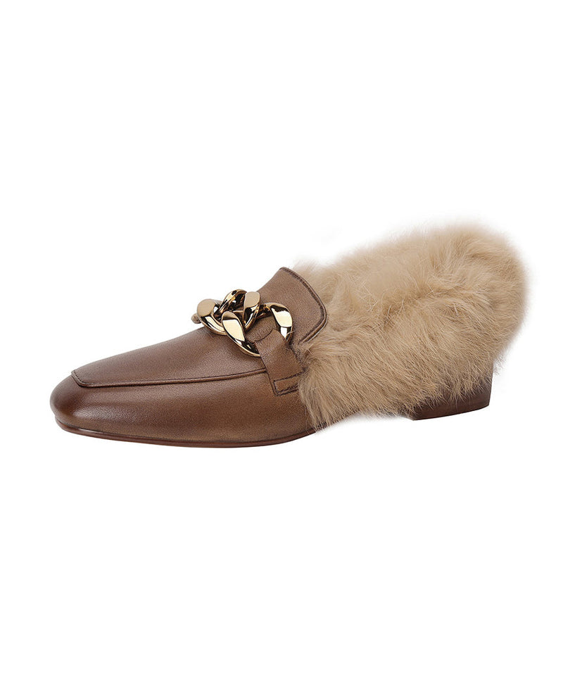 Brown Penny Loafers Cowhide Leather Splicing Fuzzy Wool Lined