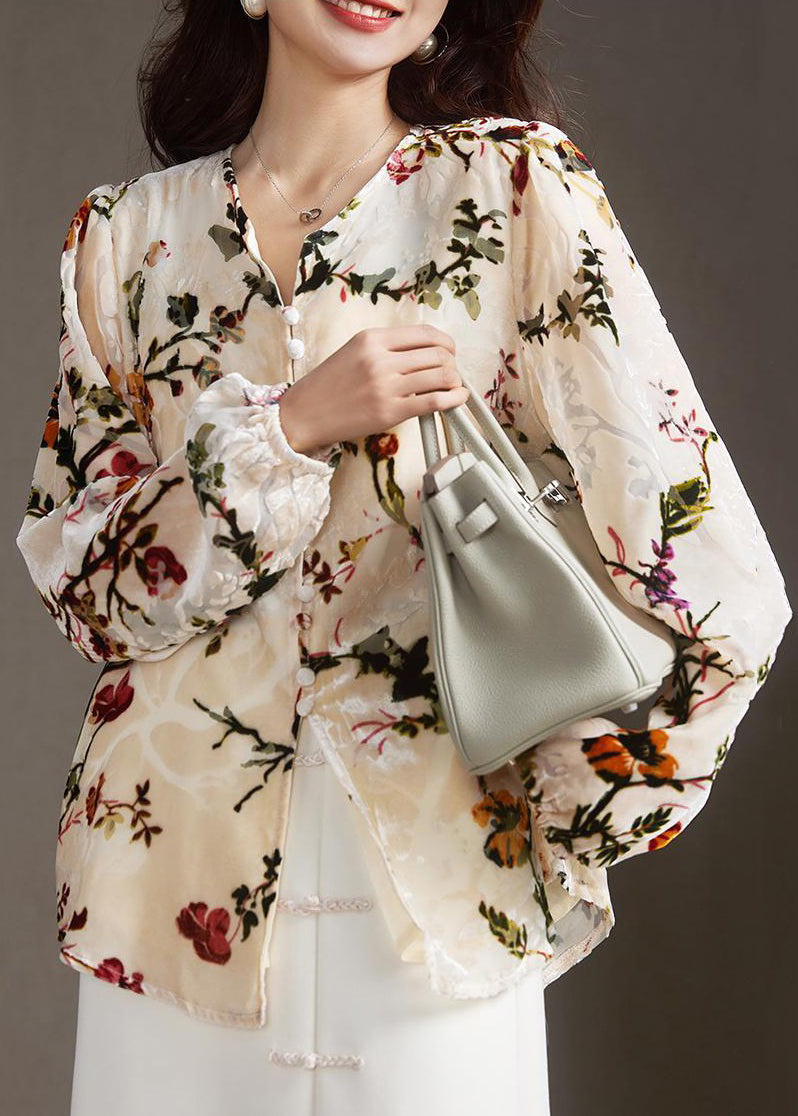 Apricot V Neck Button Print Silk Velour Shirt Spring