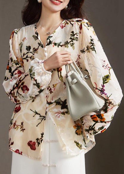 Apricot V Neck Button Print Silk Velour Shirt Spring