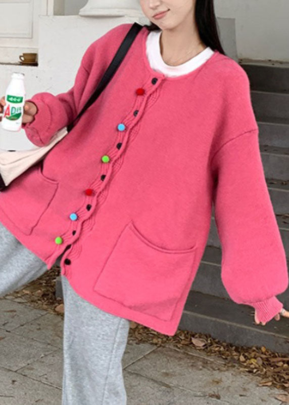Pink O-neck Button Cotton Knit Sweaters Coats Fall
