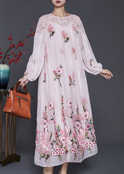 Stylish Pink Embroidered Hollow Out Silk Velour Maxi Dresses Spring