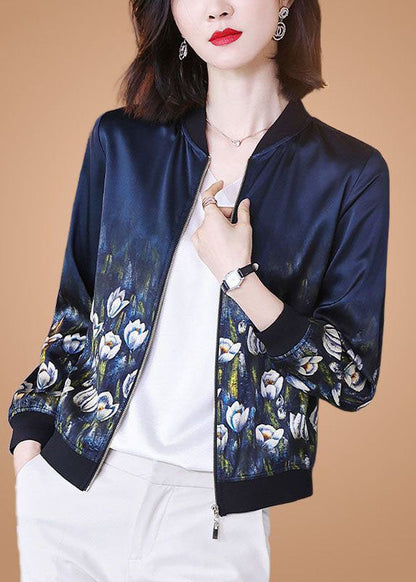 Stylish Blue Stand Collar Zip Up Print Silk Jackets Fall