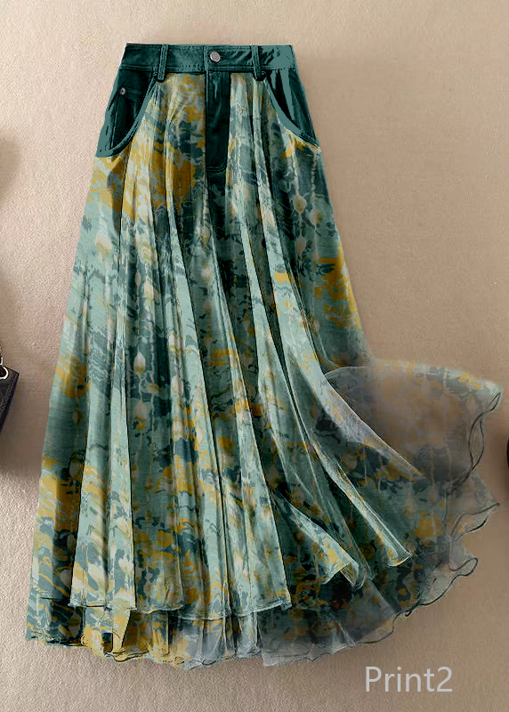 Natural Print2 High Waist Patchwork Tulle Skirts Spring
