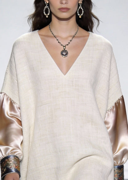 Beige Print Silk Patchwork Linen Mini Dress V Neck Spring