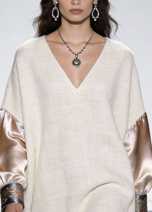 Beige Print Silk Patchwork Linen Mini Dress V Neck Spring
