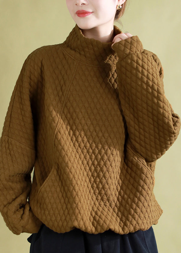 Green Hign Neck Pockets Fine Cotton Filled Pullover Sweatshirt Winter