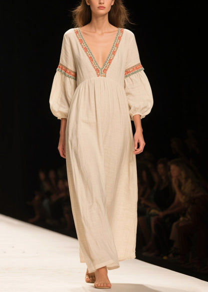 White V Neck Patchwork Linen Maxi Dresses Bracelet Sleeve