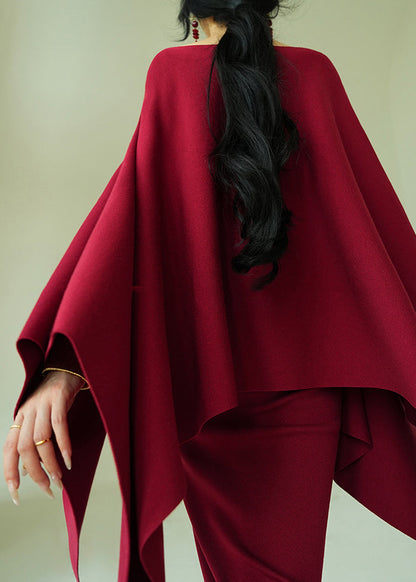 Art Red O-neck Coat and Spaghetti Strap Dress Knit Two Piece Set Fall