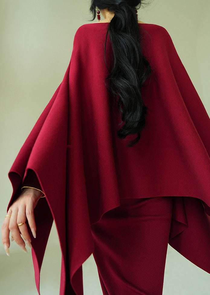 Art Red O-neck Coat and Spaghetti Strap Dress Knit Two Piece Set Fall
