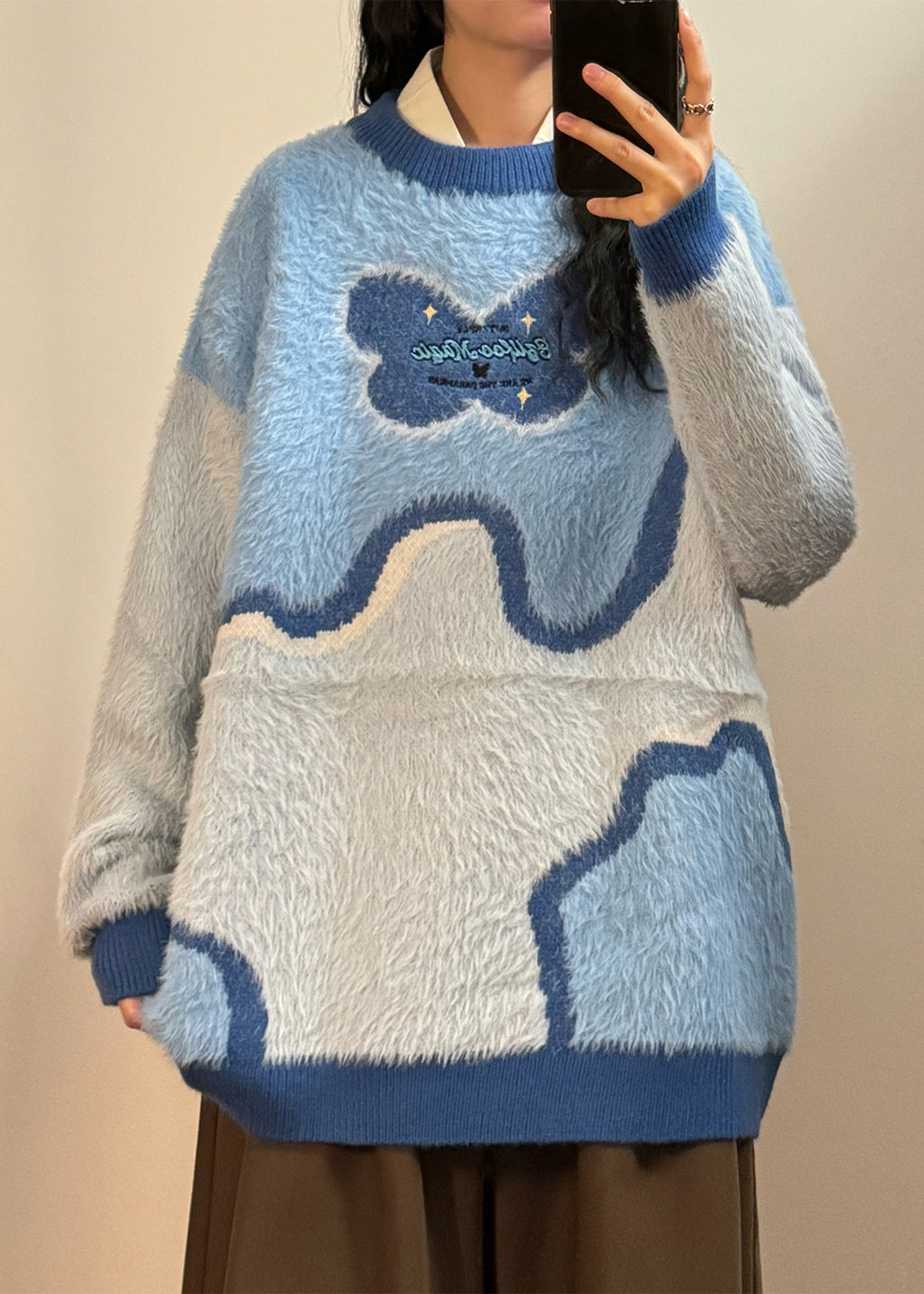Blue Asymmetrical Fluffy Patchwork Knit Sweaters