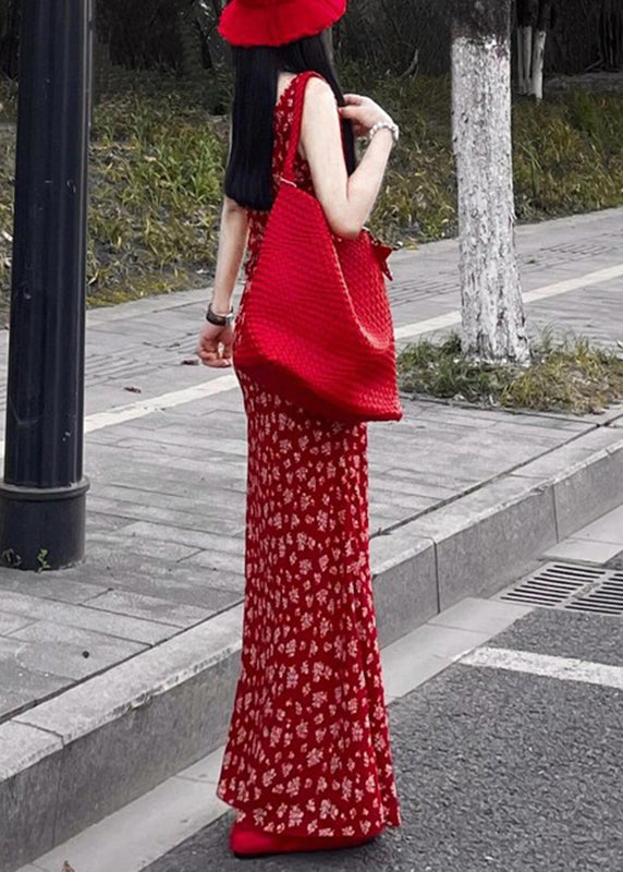 Red V Neck Print Maxi Dress Sleeveless