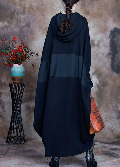 Simple Black Hooded Patchwork Asymmetrical Design Fall Maxi Dresses