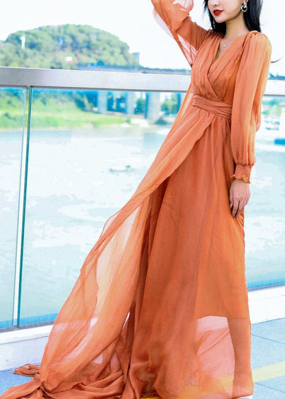 Orange Backless Chiffon Spring Maxi Dresses V Neck