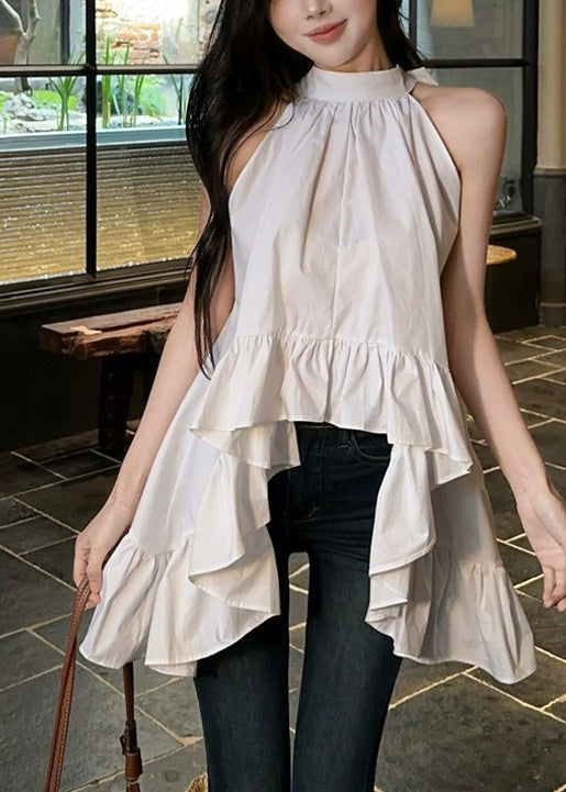 White Ruffled Exra Large Hem Cotton Shirt Sleeveless