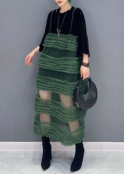 Black Patchwork Green O-neck Fake Two Pieces Tulle Long Dresses Long Sleeve