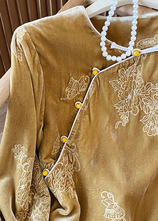 Yellow Oriental Button Jacquard Velour Shirt Top Spring