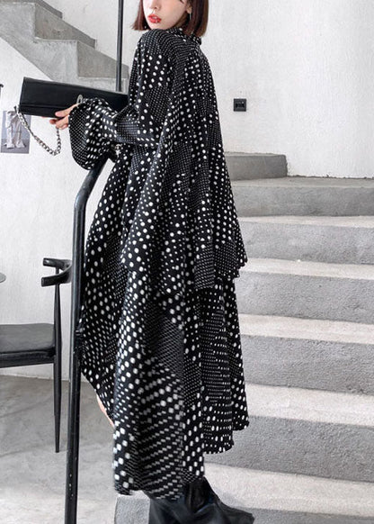 Diy Black Dot Asymmetrical Design Print Fall Shirts Long Sleeve Dress