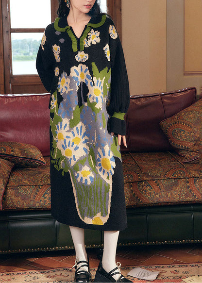 Black V Neck Print Ruffled Patchwork Cotton Knit Long Dress Fall