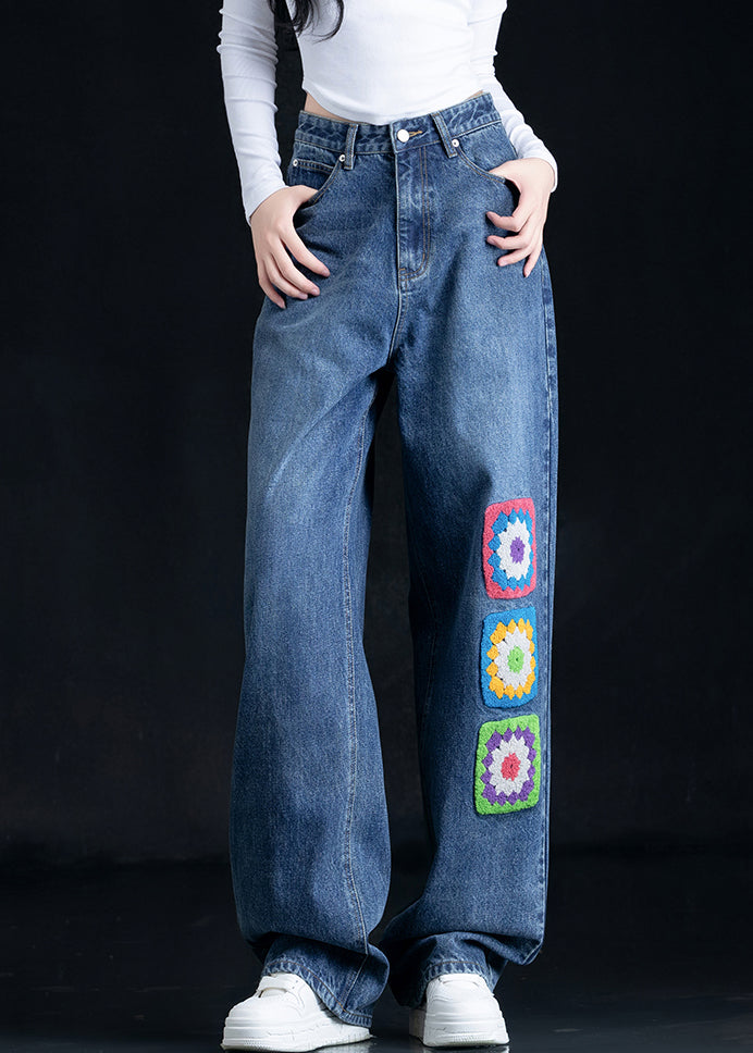 Blue Embroidered Pockets Denim Straight Pants Fall