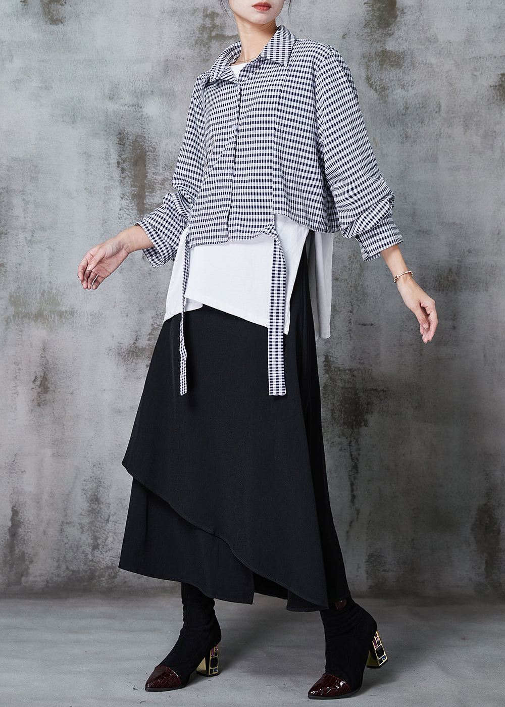 Fine Asymmetrical Patchwork Plaid Cotton Tops and Skirts Two Piece Set Outfits Spring