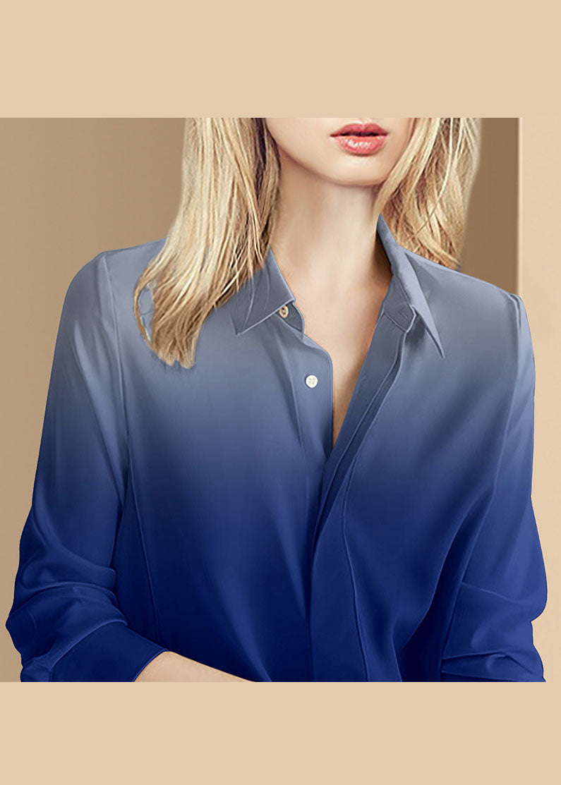 French Gradient Color Blue Button Peter Pan Collar Shirt Long Sleeve