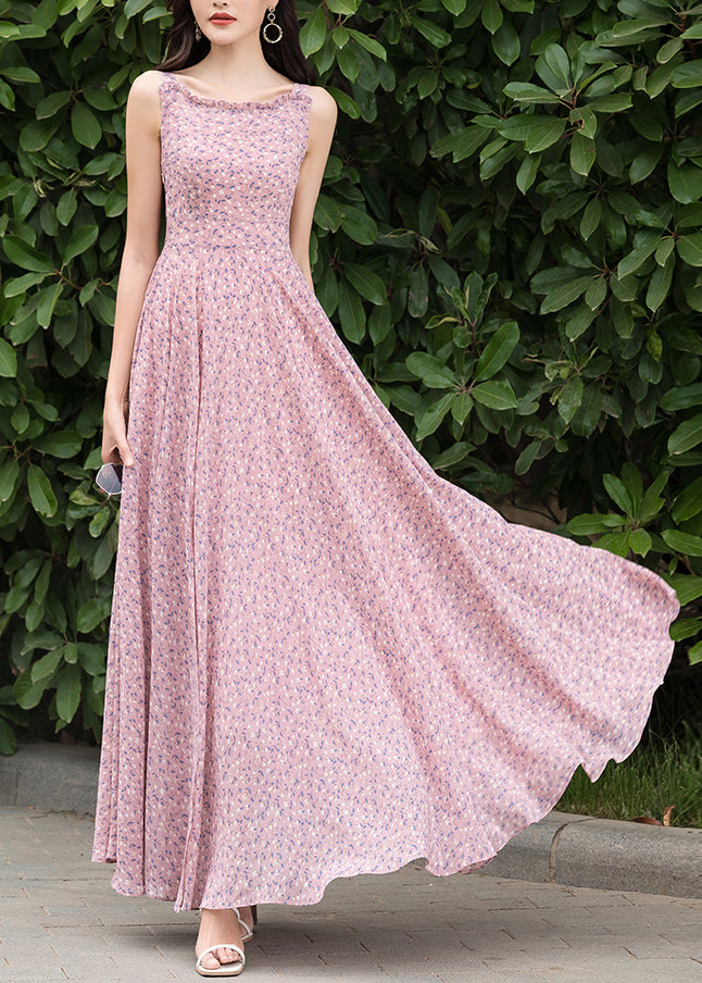 Pink Print Chiffon Cardigan and Slip Dress Two Pieces Set Spring
