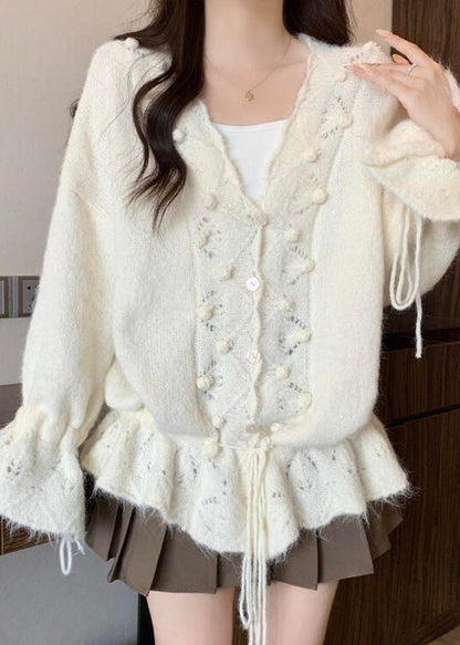 White Fuzzy Ball Decorated Drawstring Knit Cardigans Fall