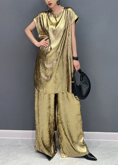 Summer New Gold Short Sleeved Top and Pants Two Piece Set