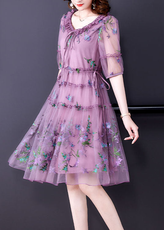 Purple Embroideried Tulle Holiday Dress Short Sleeve