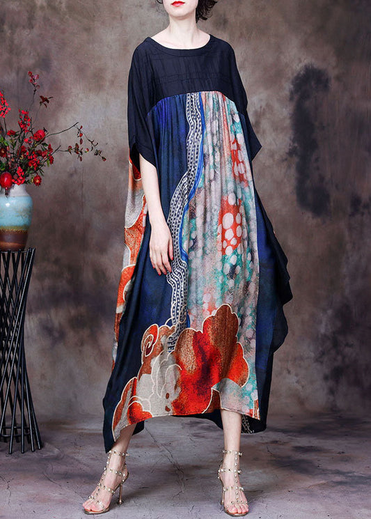 Red Print O-neck Patchwork Silk Loose Long Dress Batwing Sleeve