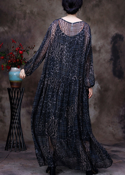 Black Chocolate O-neck Print Maxi Dress and Suspenders Two Pieces Set Fall