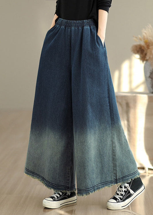 Gradient Blue Pockets Denim Wide Leg Pants Spring