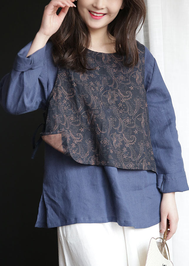 French Navy O-neck Patchwork Tie Waist Linen Fake Two Piece Shirt Tops Spring