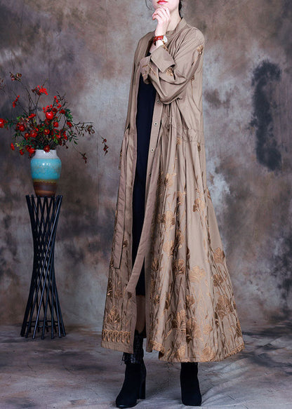 Art Khaki Print Drawstring Spring Trench Coats