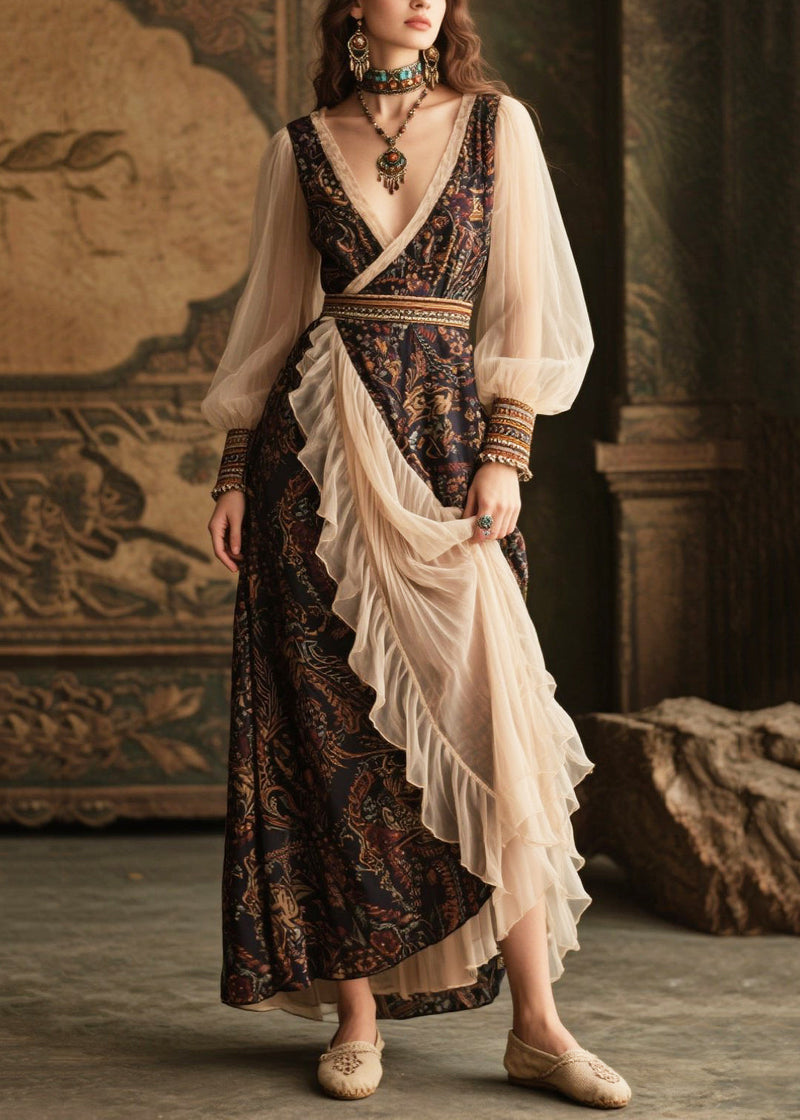 Black V Neck Patchwork Tulle Chiffon Maxi Dresses Lantern Sleeve