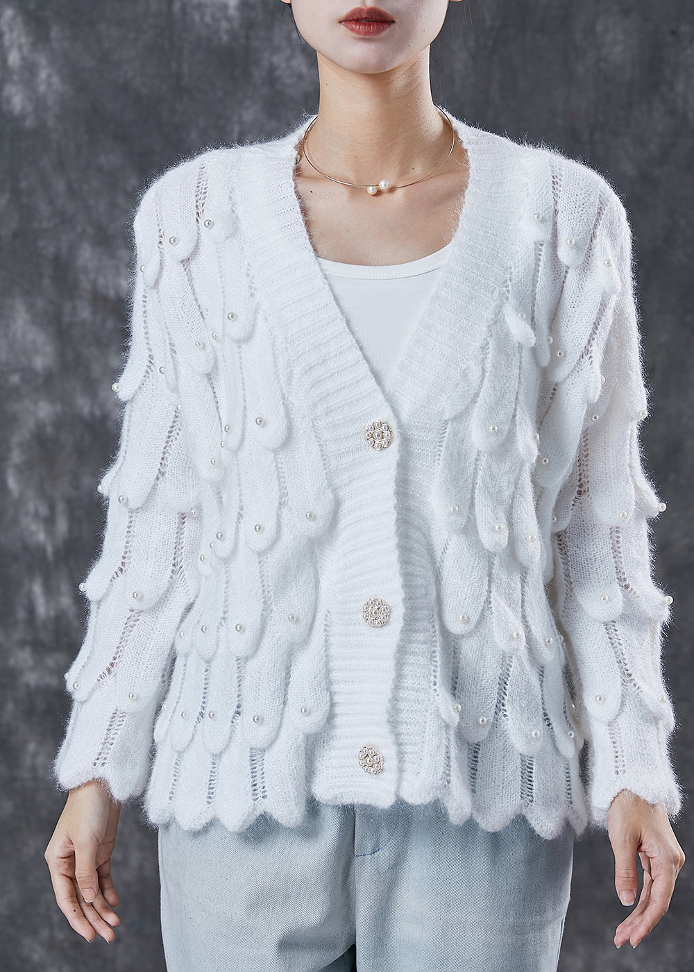 White Cozy Knit Cardigan V Neck Nail Bead Spring