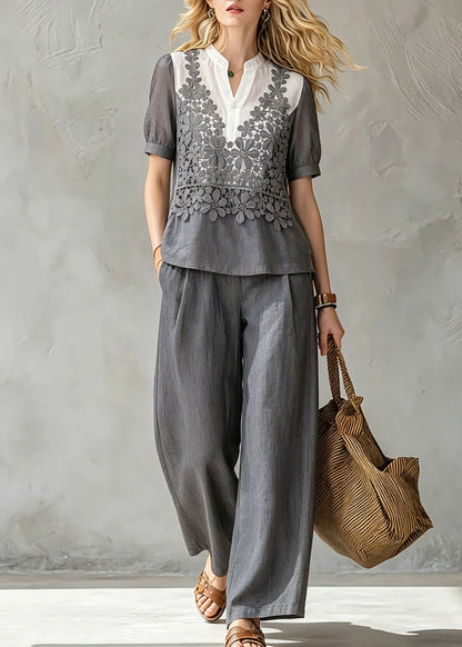 Loose Grey Stand Collar Shirt and Wide Leg Pants Two Pieces Set Summer