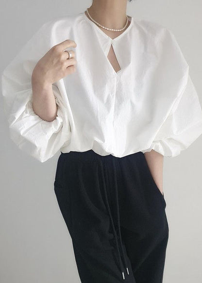 Loose White Button Hollow Out Cotton Shirts Fall