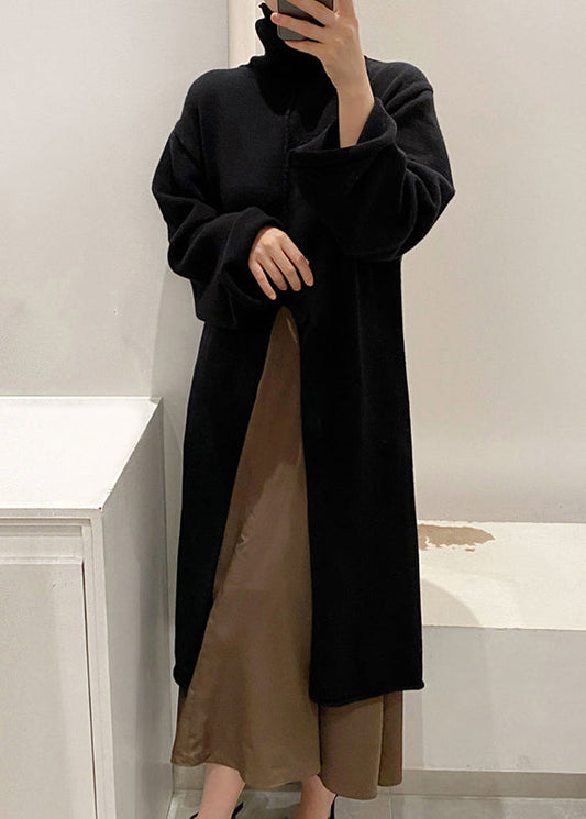 Black Front Open Knit Winter Sweater Dress Turtleneck