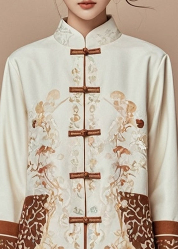 Beige Print Stand Collar Fall Coats