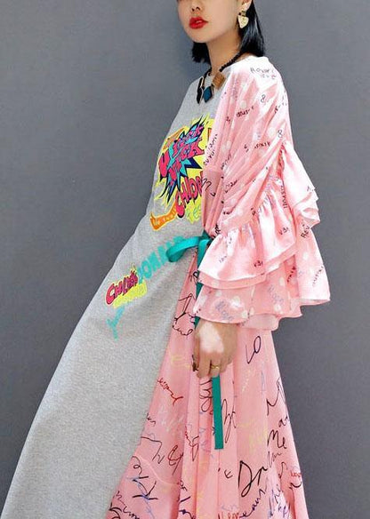 Boutique Patchwork O-neck Print Half Sleeve Asymmetrical Design Fall Cotton Long Dress